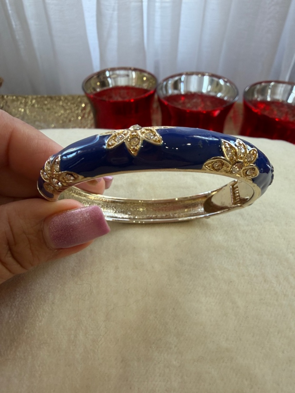 Gold-Tone Navy Blue Enamel Floral Accent Bangle Bracelet